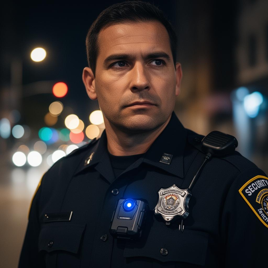 Oficial de seguridad municipal con bodycam encendida en operativo nocturno