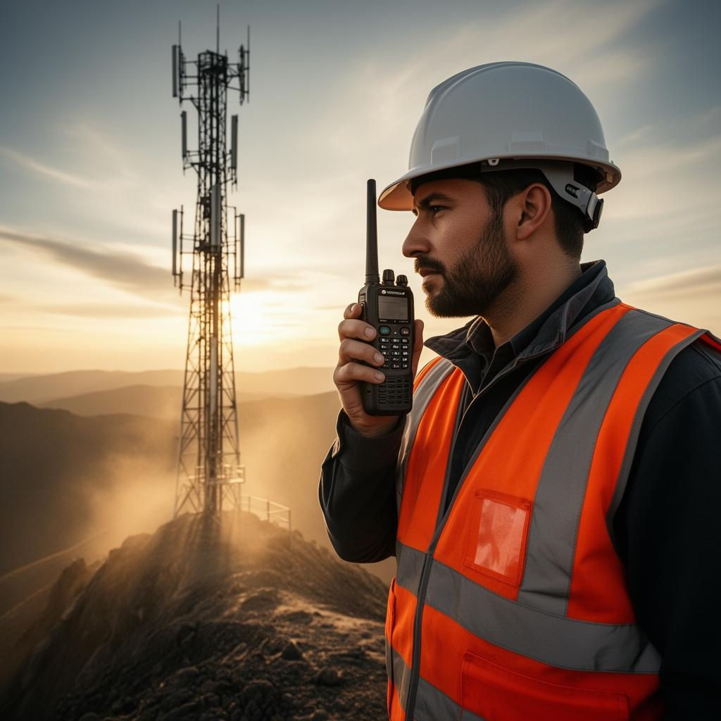 Operador con radio DMR Motorola en zona minera con repetidora en la montaña