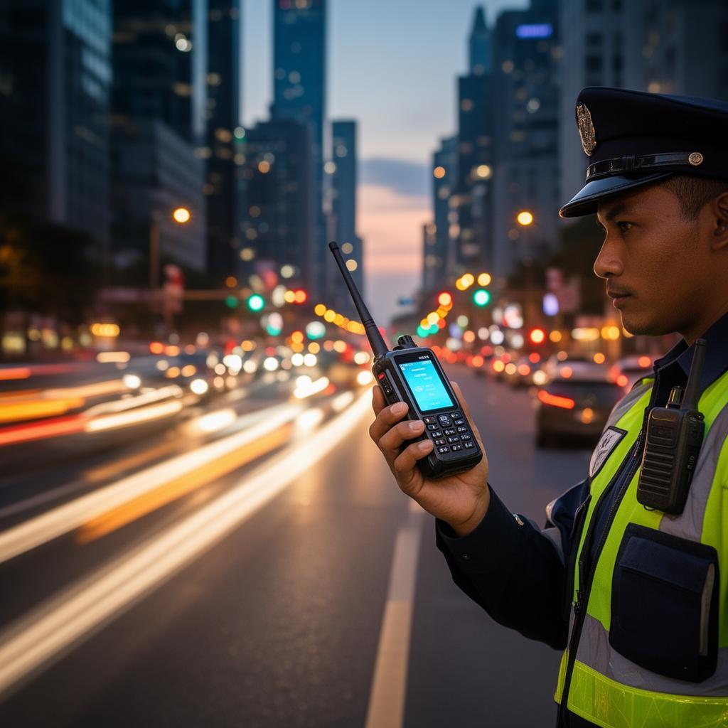 Agente de tránsito usando radio PoC Push-to-Talk en avenida urbana